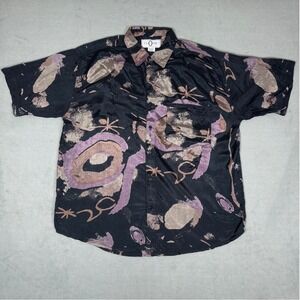 Vintage 90s Rayon Camp Shirt Abstract Print Button Up Short Sleeve Black Sz XL